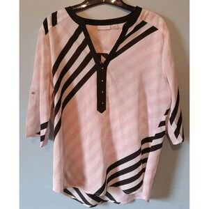 New York & Company Womens 3/4 Sleeve Pullover Black & Pink Blouse Shirt Top SZ L